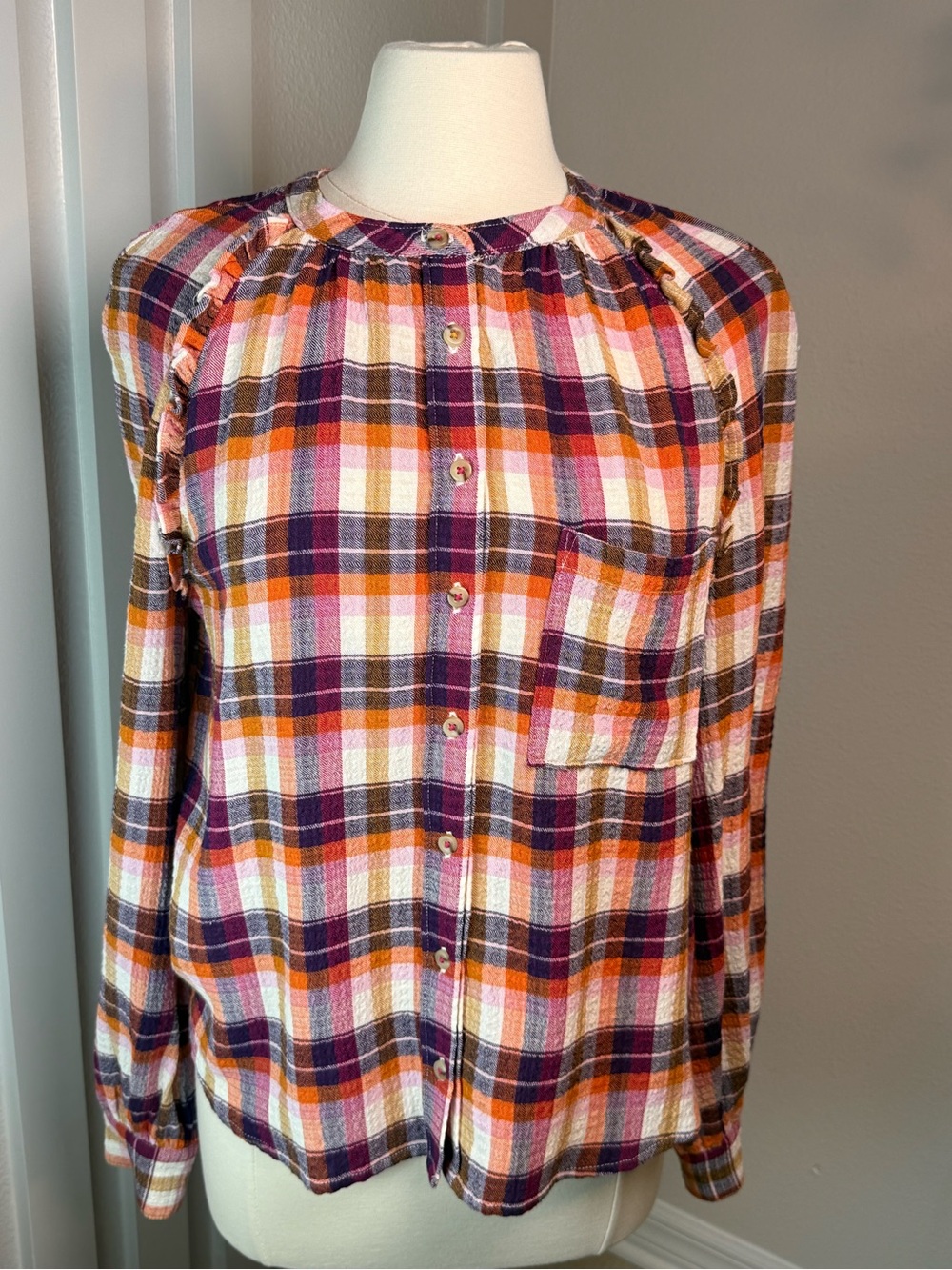 Pilcro Plaid Ruffle Button Front Blouse Small Boho Cottagecore Fall Top - Picture 2 of 12